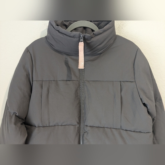 Gymshark Grey Oversized Cropped High Neck Full Zip Canvas Puffer Jacket - Picture 6 of 12